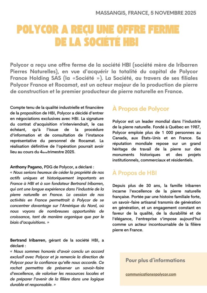 Polycor a reçu une offre ferme d'HBI 1 Communique de presse